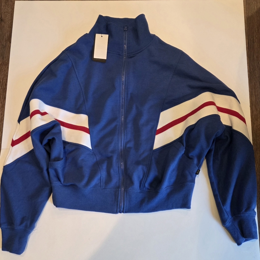 Women's Cotton On Body Blue Zip-Up Jacket with Red and White Stripes